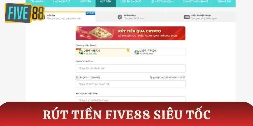 Quy trình rút tiền Five88